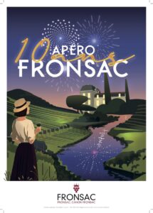 Affiche officielle de l'Apero Fronsac 2026 annonçant trois soirées de dégustation de vins, foodtrucks et musique les 18 juin, 23 juillet et 27 août dans le vignoble de Fronsac en Gironde.